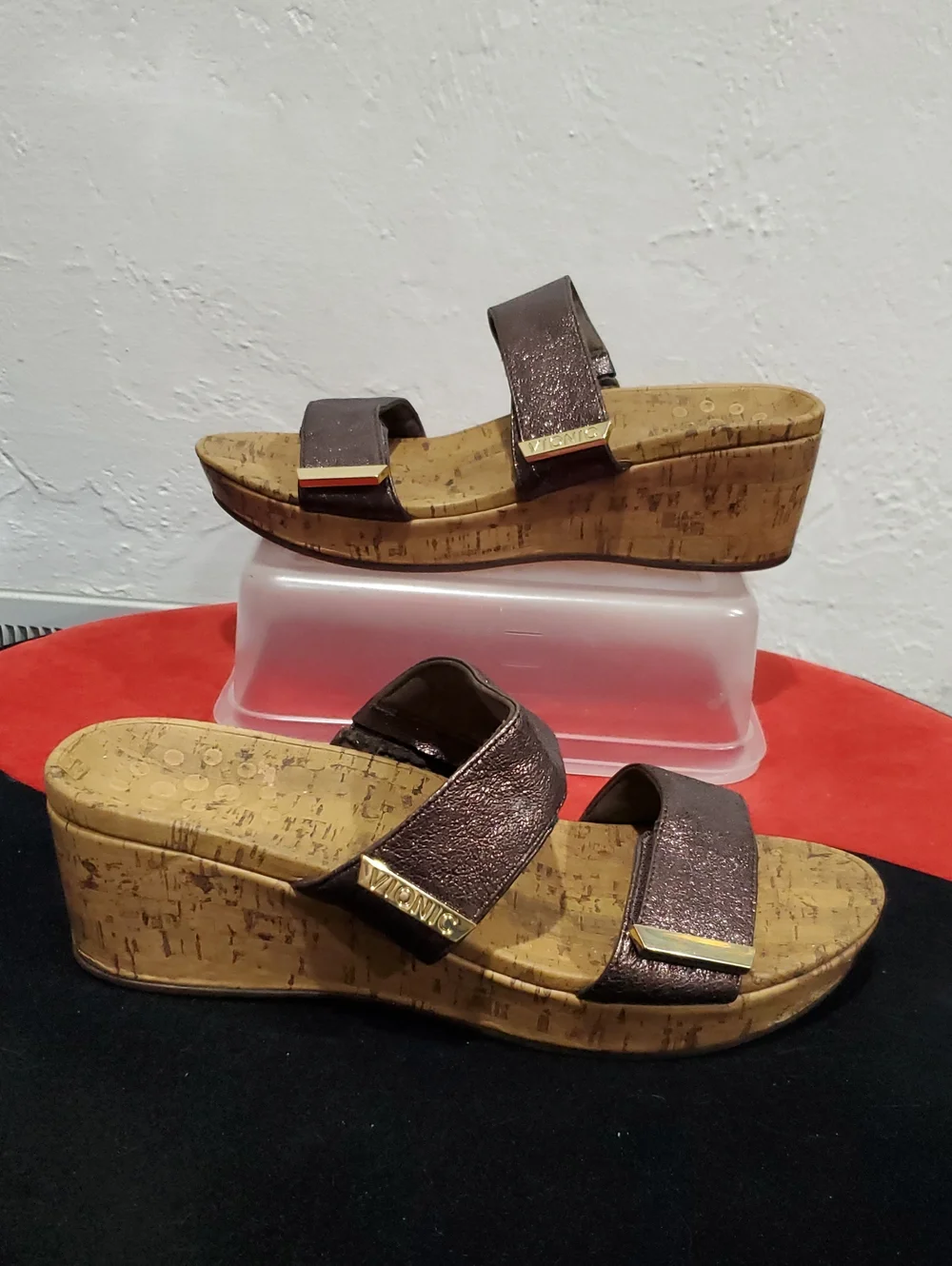 Vionic Pepper Wedge In Metallic Brown Cork Wedge Slide Sandal